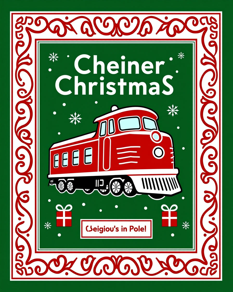 Red Locomotive Christmas Snowflakes Border Rug