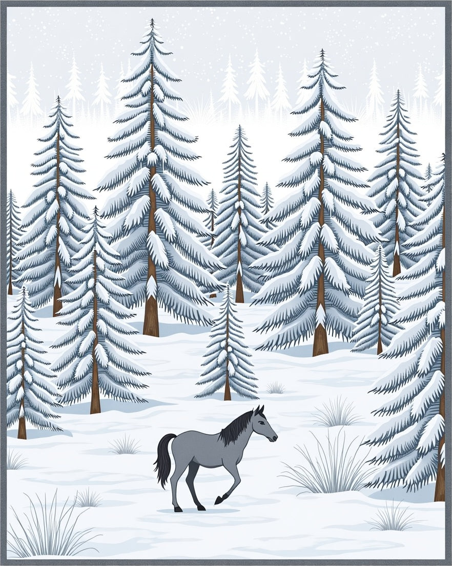 Winter Pine Forest Horse Scene Rug
