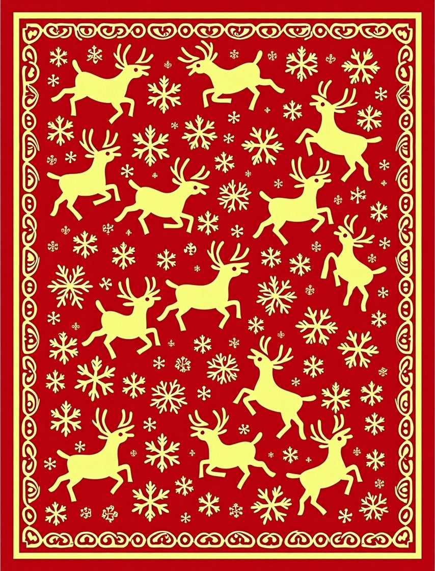 Red Yellow Elk Snowflakes Border Rug