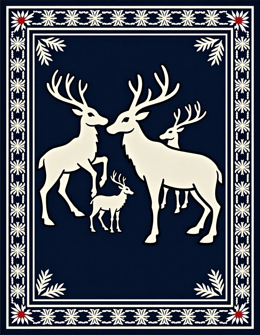White Deer Family Navy Border Rug