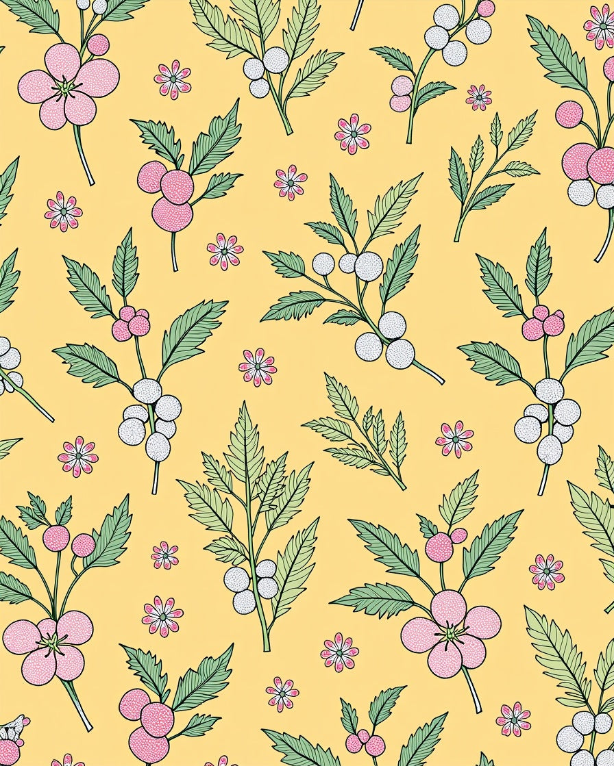 Pink Floral Berry Branches Yellow Background Rug