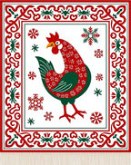 Festive Red Rooster Snowflake Border Rug