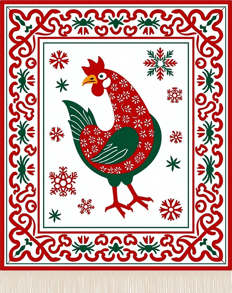Festive Red Rooster Snowflake Border Rug