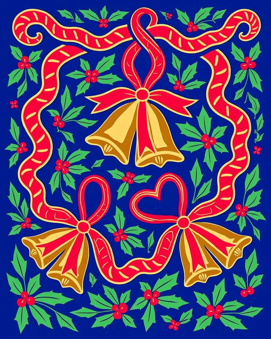 Red Gold Bells Festive Holly Ribbons Rug