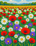 Vibrant Poppy Daisy Meadow Field Rug