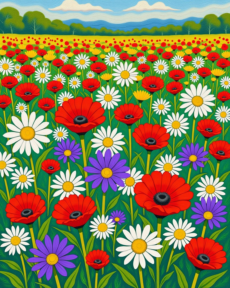 Vibrant Poppy Daisy Meadow Field Rug