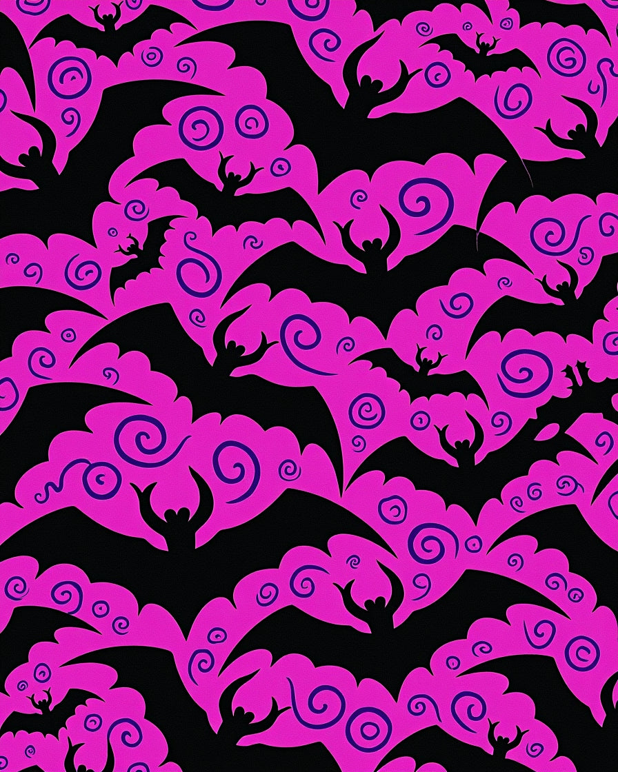 Vibrant Pink Bat Swirls Black Rug