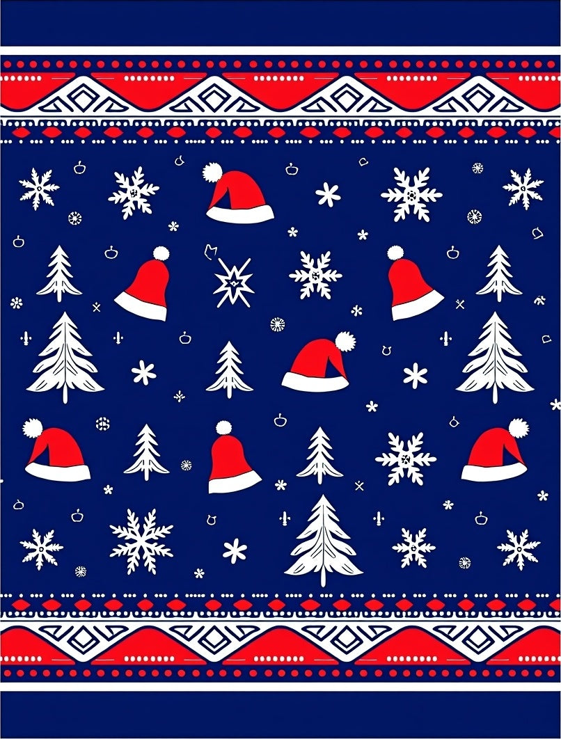 Christmas Trees Snowflakes Red Hats Navy Rug