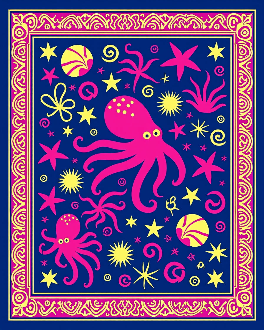 Bright Pink Octopus Bordered Navy Fabric Rug