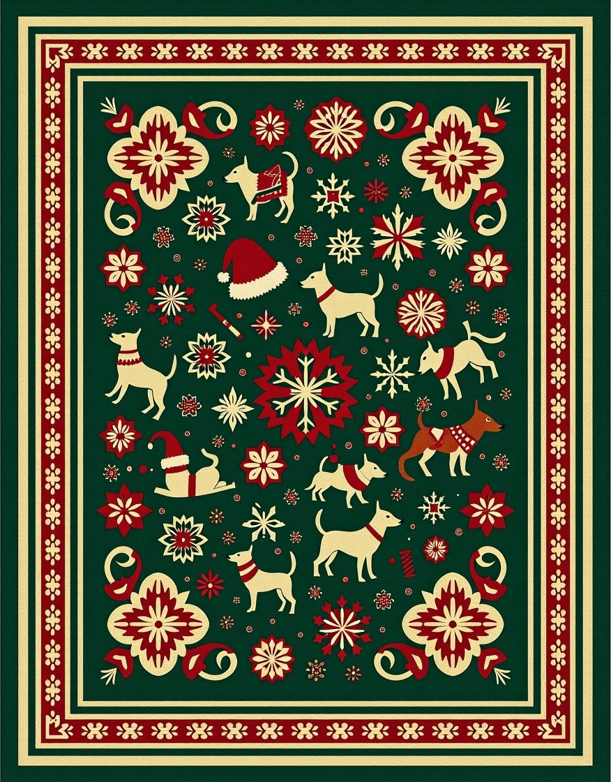 Festive Green Cream Red Dog Snowflakes Rug