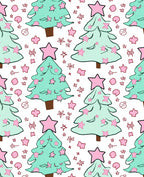Festive Mint Christmas Trees Pink Stars Rug