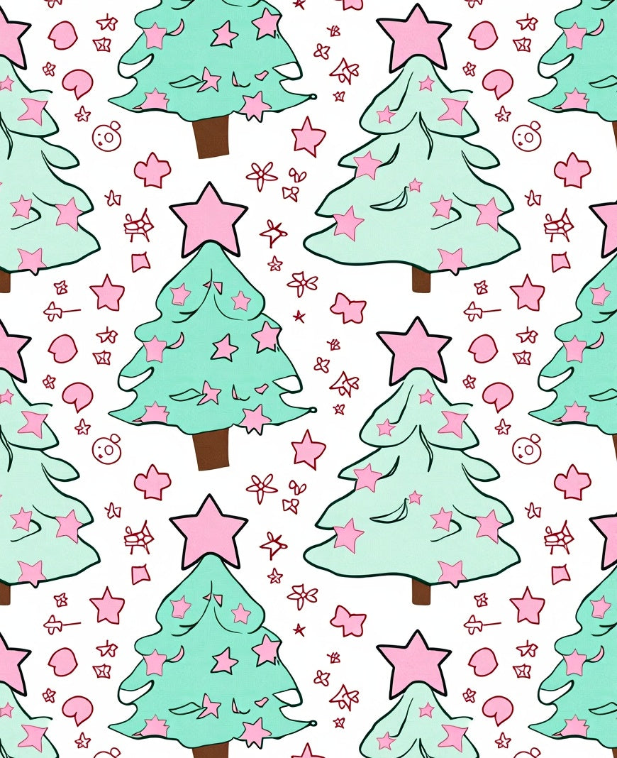 Festive Mint Christmas Trees Pink Stars Rug