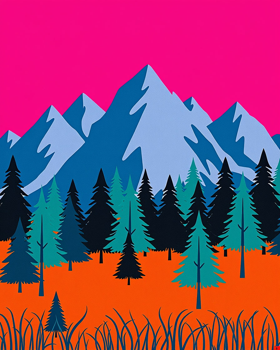 Bold Pink Mountain Forest Scene Rug