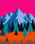 Bold Pink Mountain Forest Scene Rug