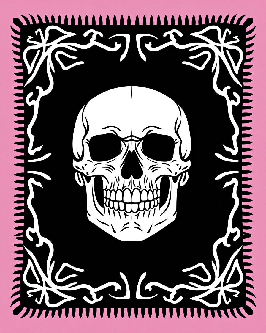 Pink White Skull Black Ornate Frame Rug