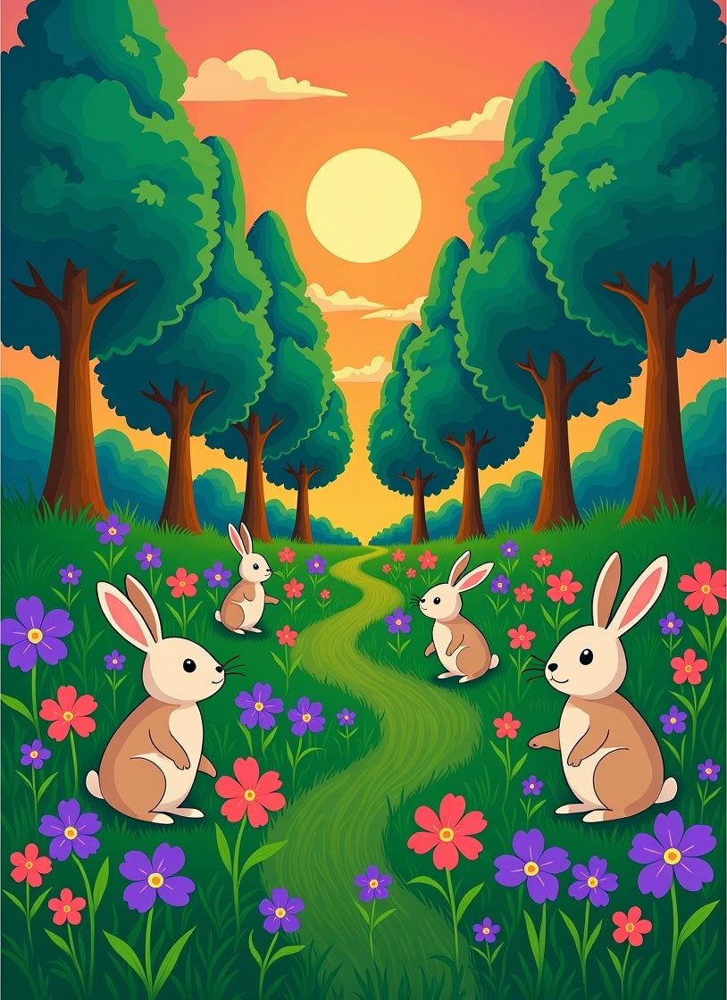Enchanting WoodlandEaster bunnies meadow path Rug