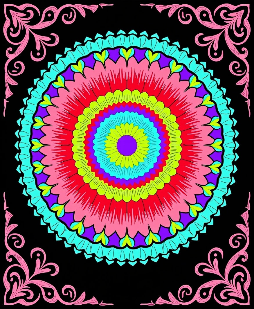 Vivid Rainbow Floral Mandala Corners Rug