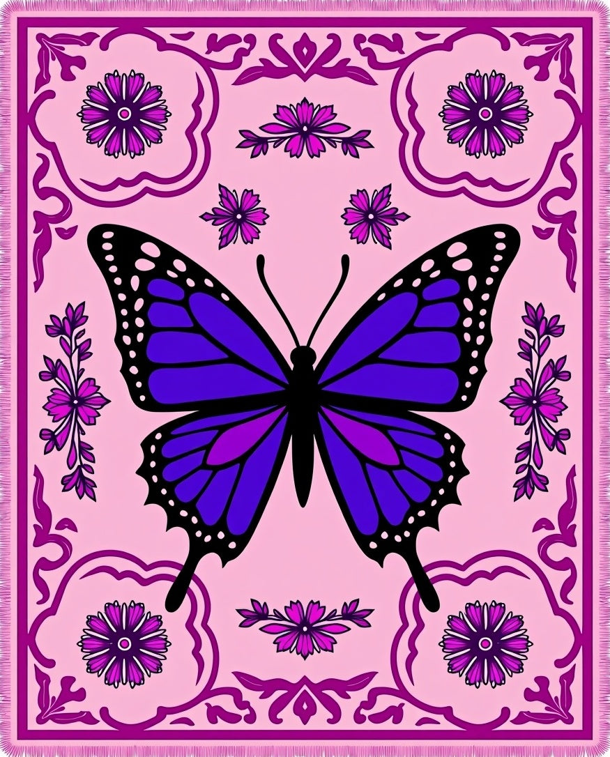 Vibrant Purple Butterfly Floral Border Rug