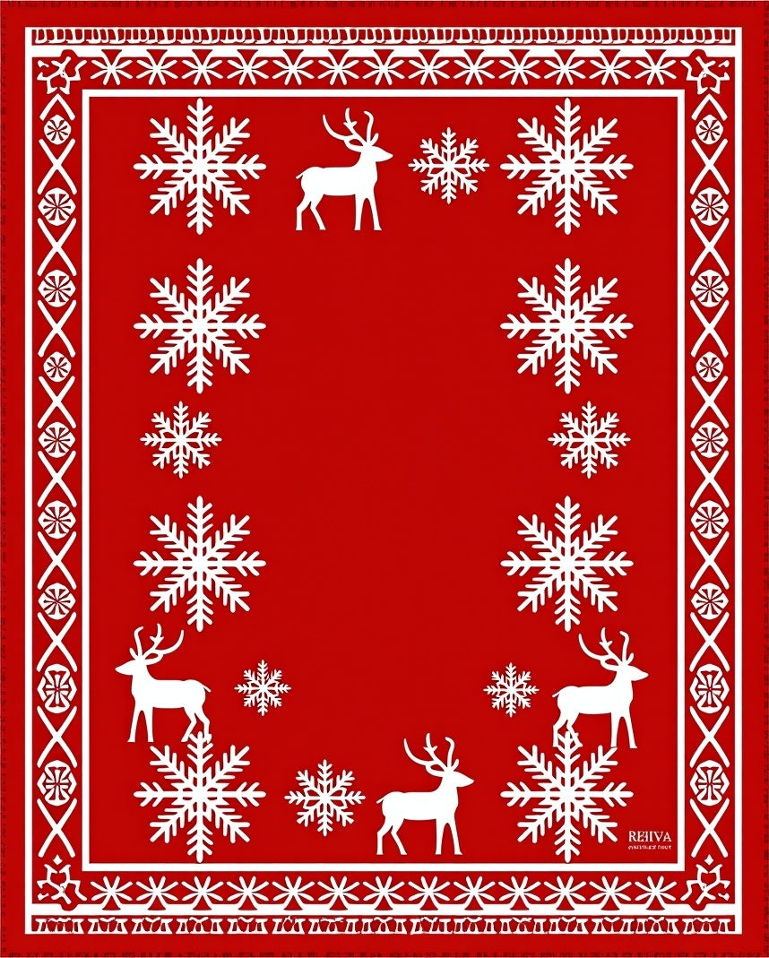 Red White Snowflake Deer Border Rug