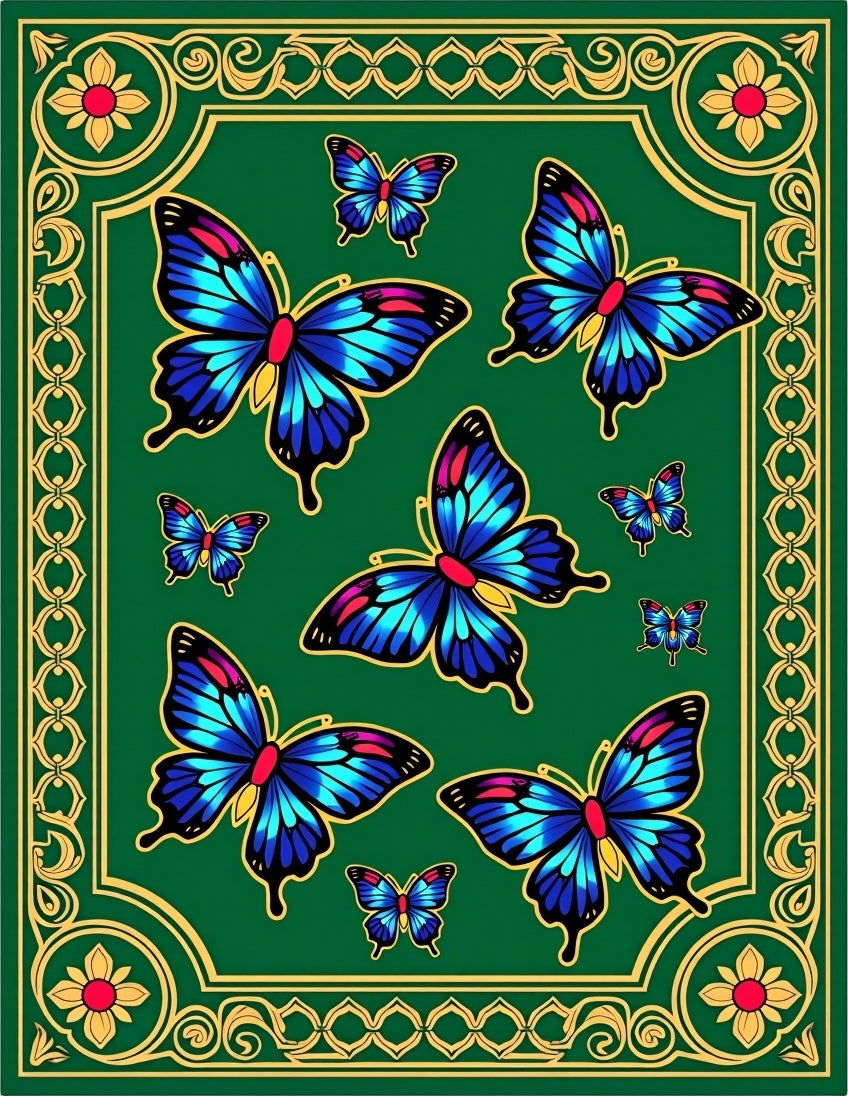 Emerald Green Butterfly Garden Border Rug