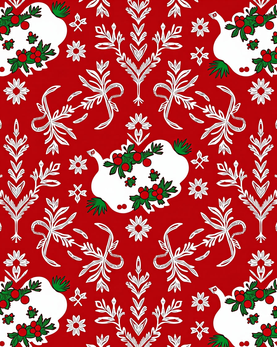 Traditional Red White Holly Berry Birds Rug