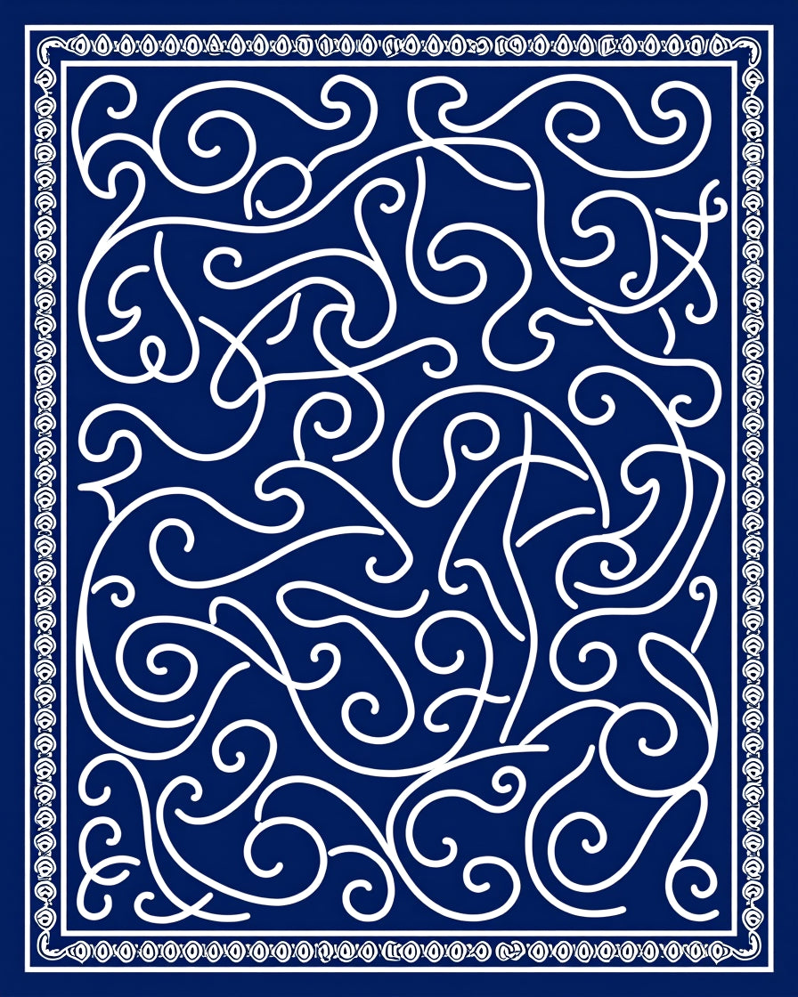 Deep Blue Swirling Vines Bordered Rug
