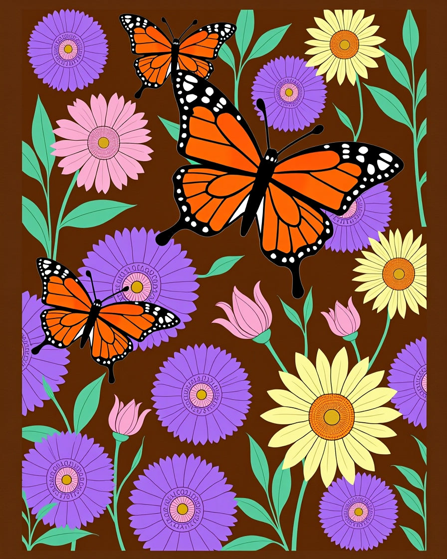 Orange Monarch Butterflies and Flowers Rug