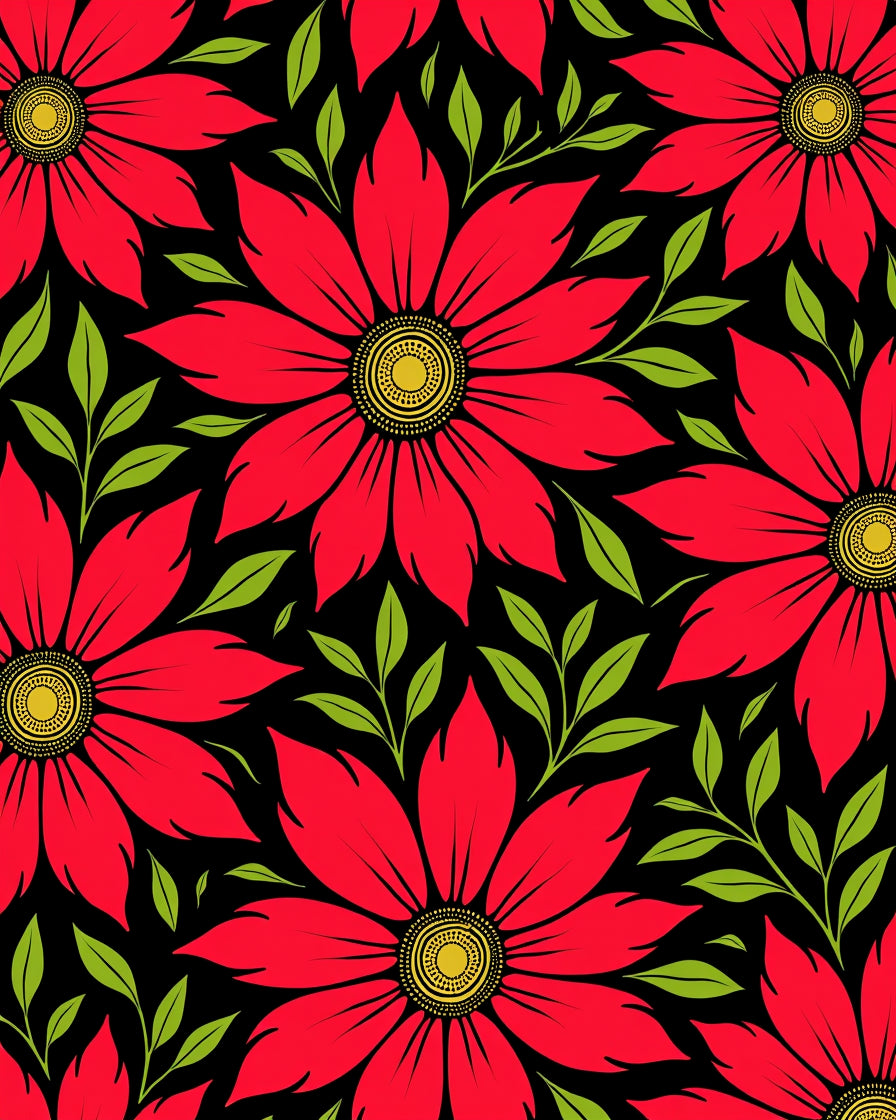 Vibrant Red Floral Black Background Rug