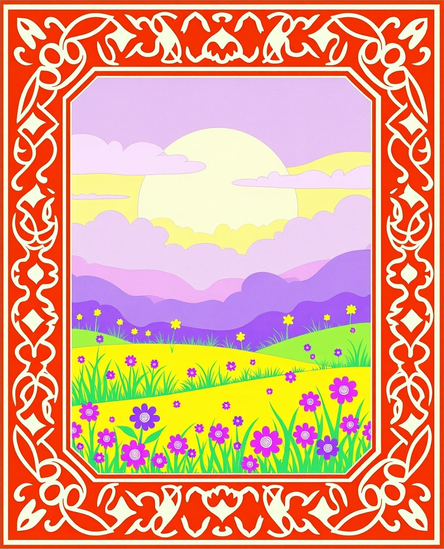 Vivid Retro Sunflowers Fields and Hills Rug