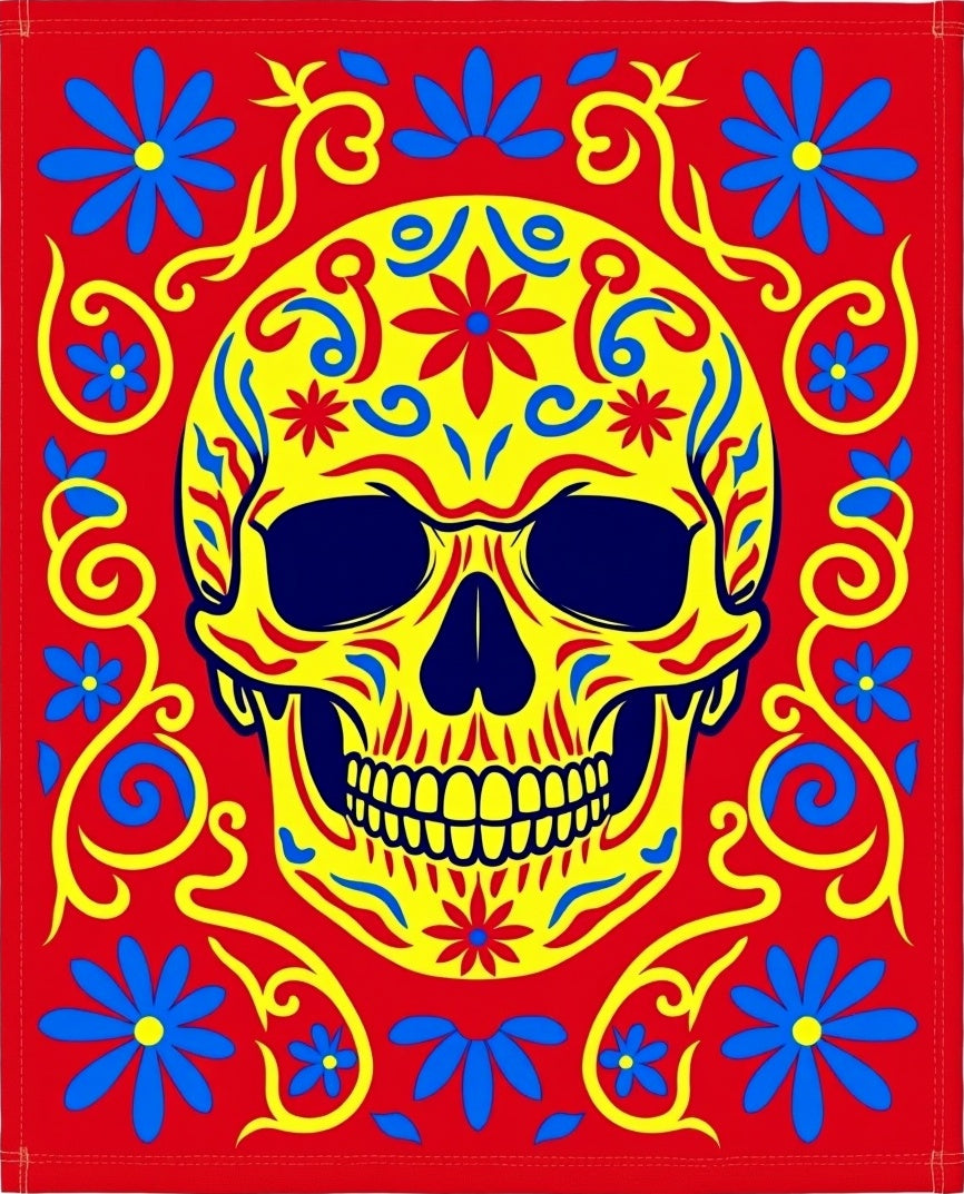 Vibrant Yellow Skull Floral Garland Rug