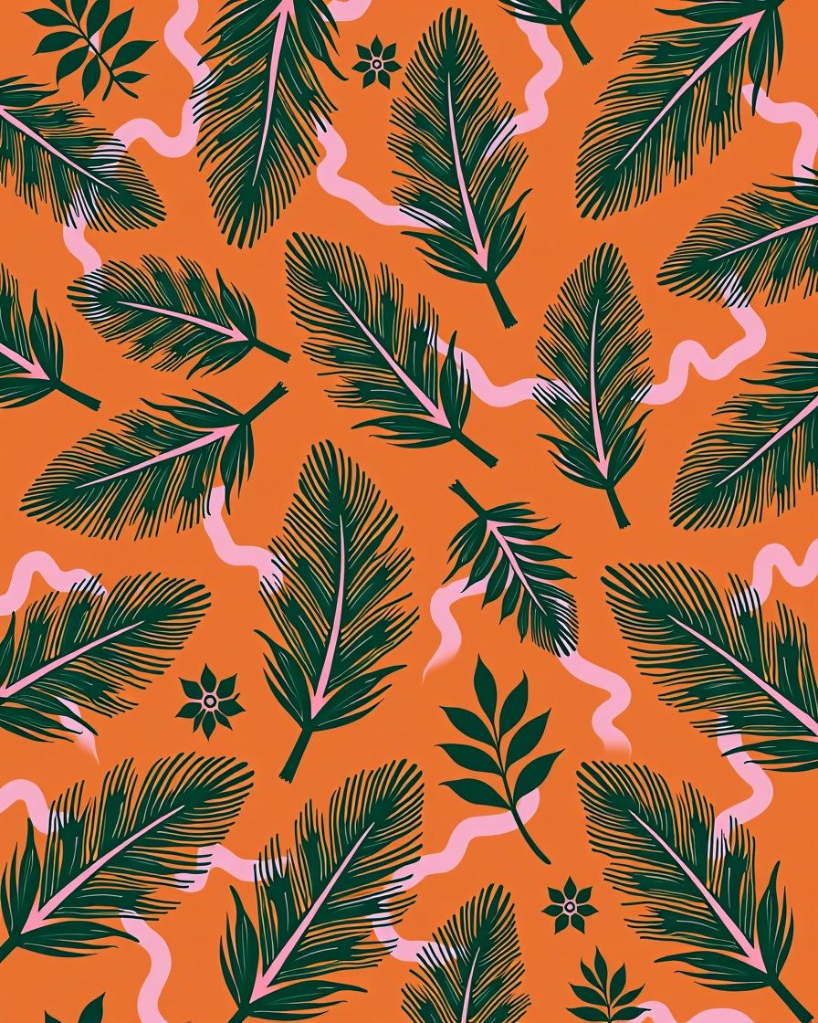 Emerald Feather Swirl Orange Background Rug