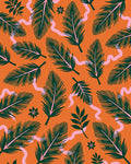 Emerald Feather Swirl Orange Background Rug