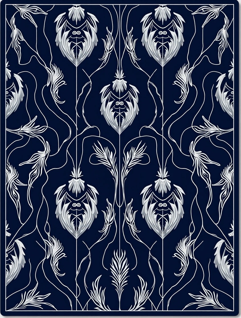 Dark Blue White Art Nouveau Floral Rug