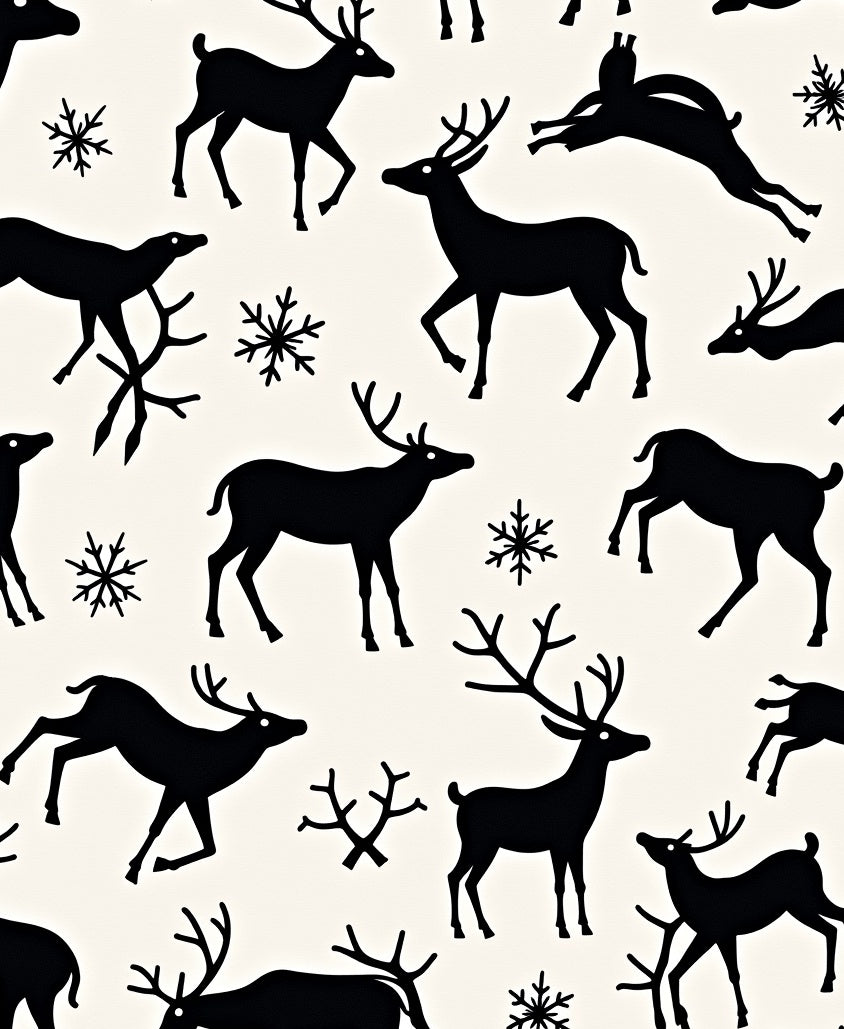 Black Deer Snowflakes Whimsical Silhouette Rug