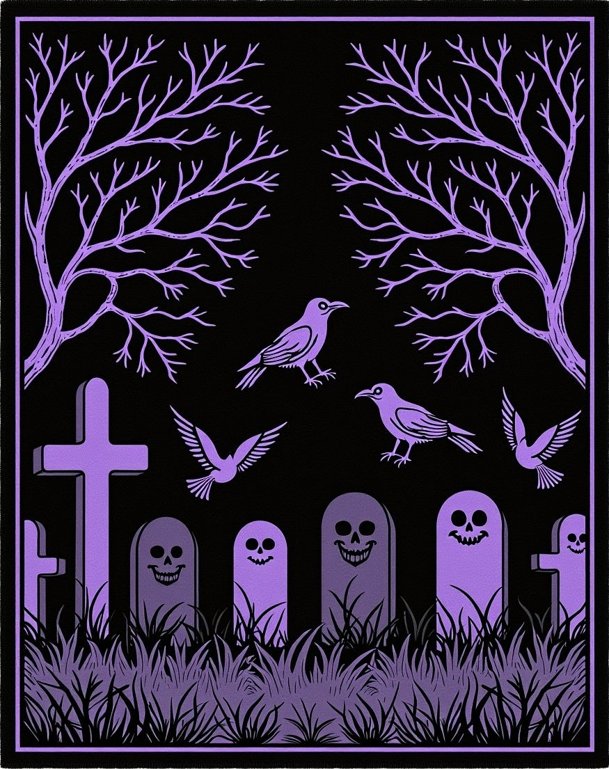 Creepy Purple Graveyard Bird Scene Rug