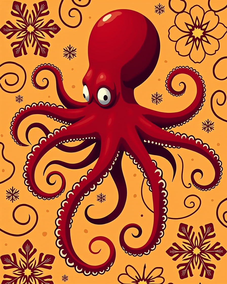 Crimson Octopus With Floral Swirls Rug