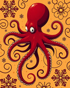 Crimson Octopus With Floral Swirls Rug