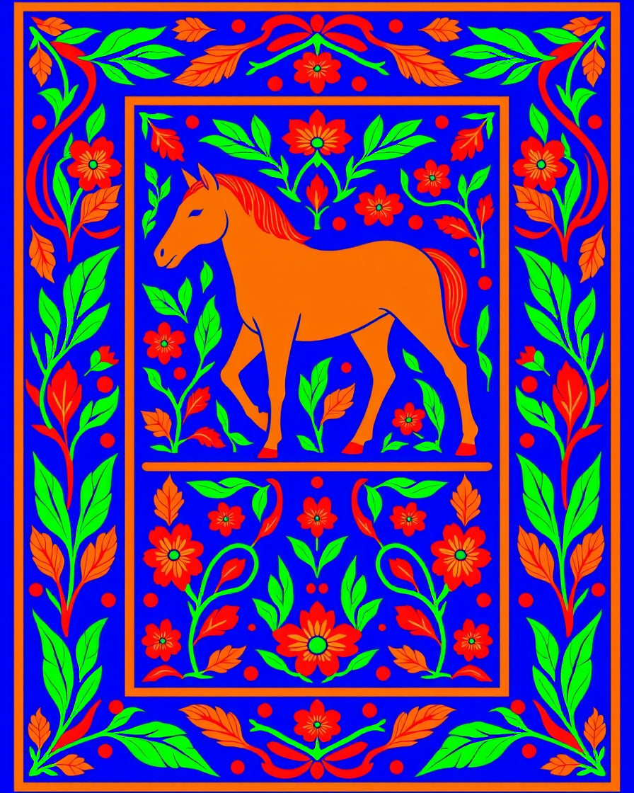 Vibrant Orange Horse Floral Border Rug