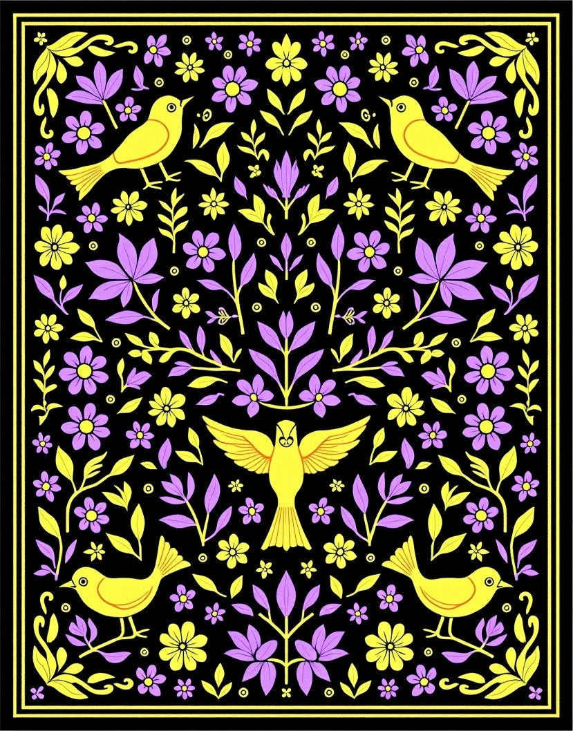Yellow Birds Purple Flowers Black Background Rug
