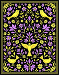 Yellow Birds Purple Flowers Black Background Rug