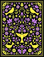 Yellow Birds Purple Flowers Black Background Rug