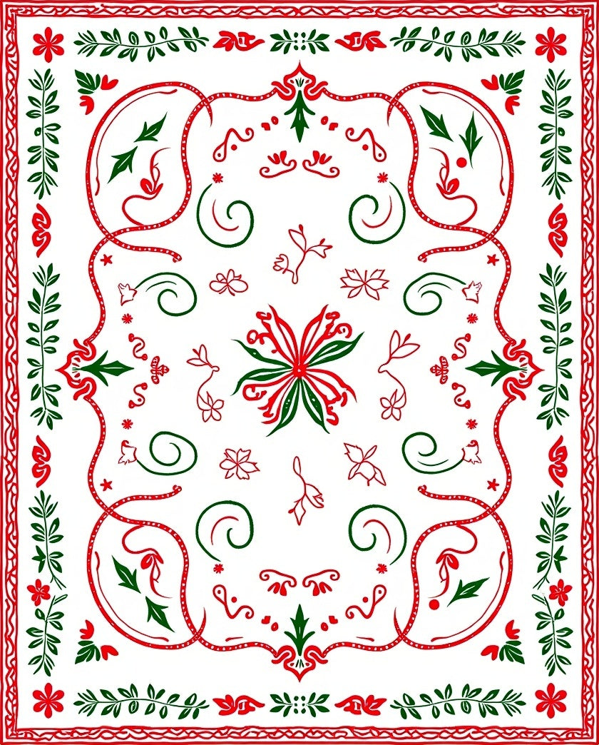 Crimson Green Floral Vines Border Rug