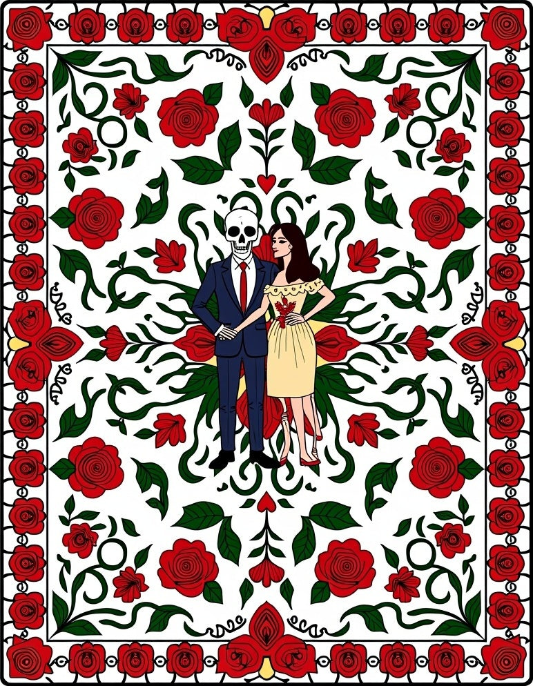 Crimson Rose Skull Couple Floral Border Rug