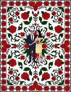 Crimson Rose Skull Couple Floral Border Rug