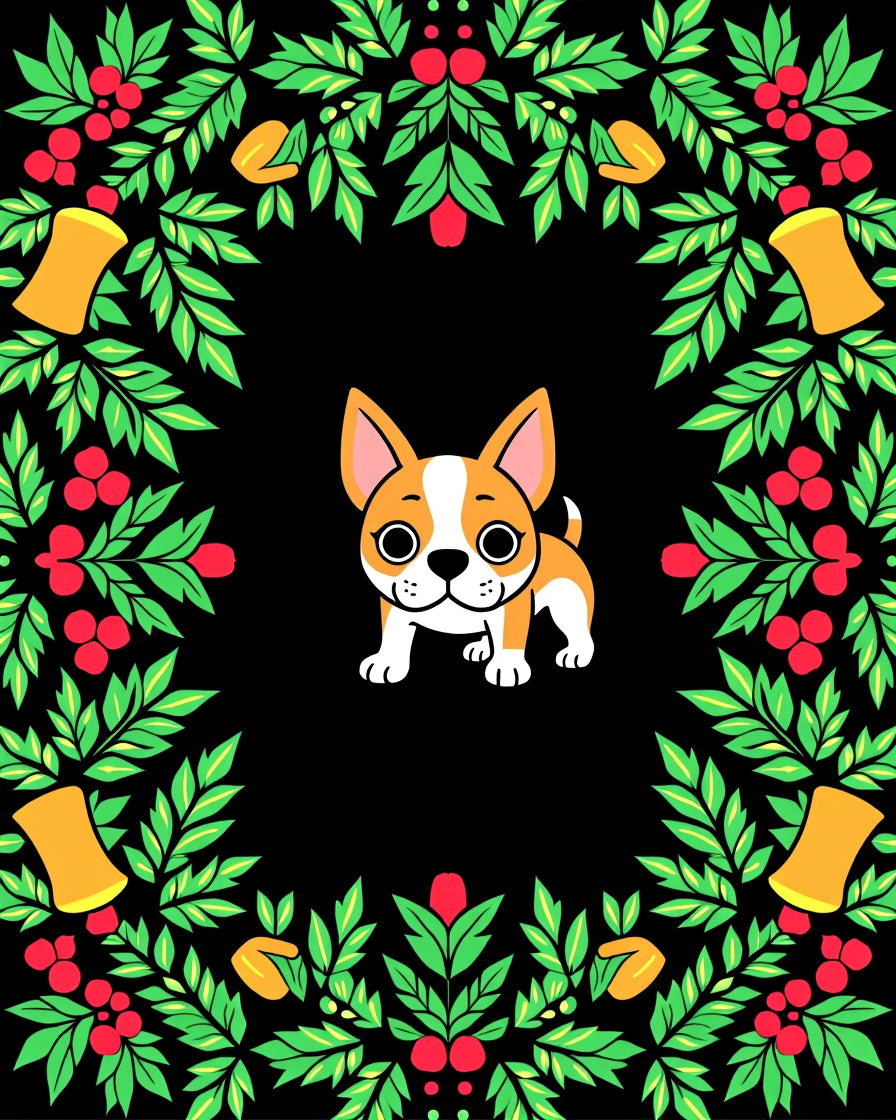 Charming Dog With Holly Bells Border Rug