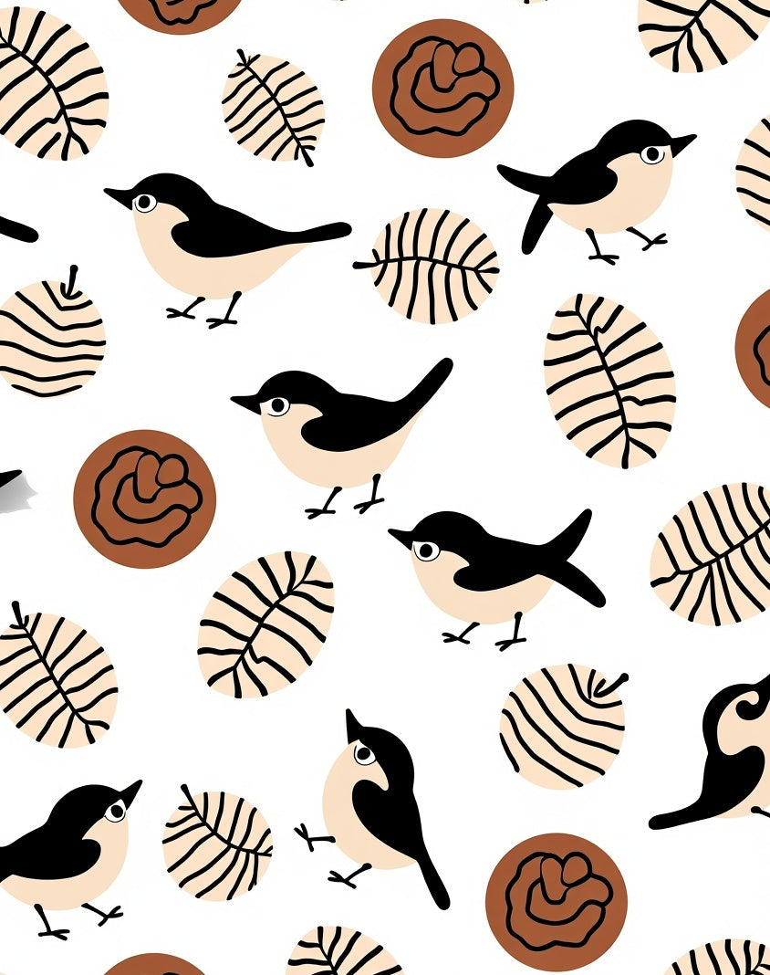 Cute Black Birds Leafy Circles Brown Rug