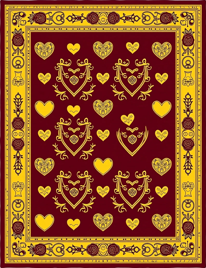 Crimson Yellow Romantic Heart Border Rug