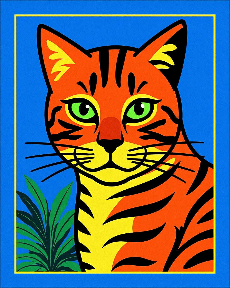 Vibrant Orange Green Cat Jungle Rug