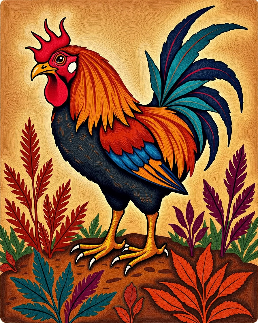 Vibrant Crimson Rooster Foliage Rug