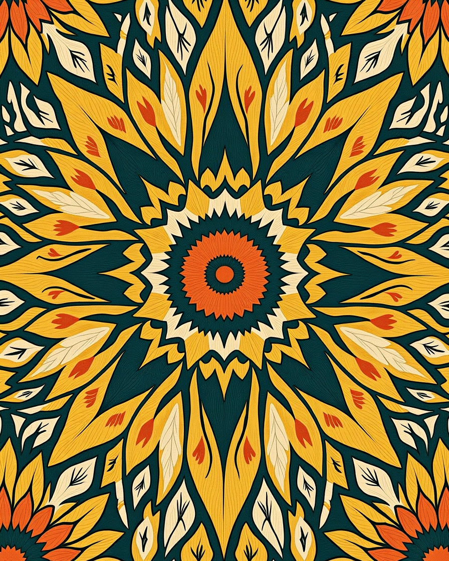 Golden Yellow Orange Floral Mandala Rug